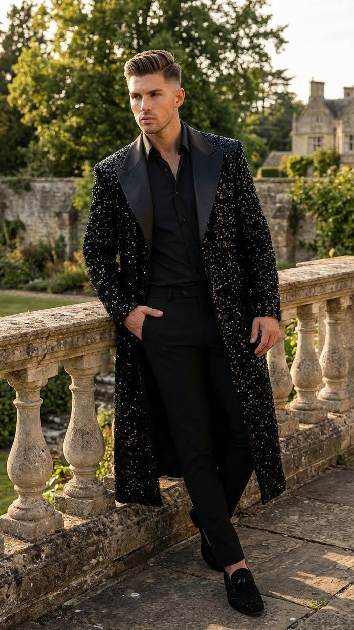 Men’s Black Sequin Long Coat with Satin Shawl Lapel - Luxury Statement Evening Overcoat USA Men's Outlet