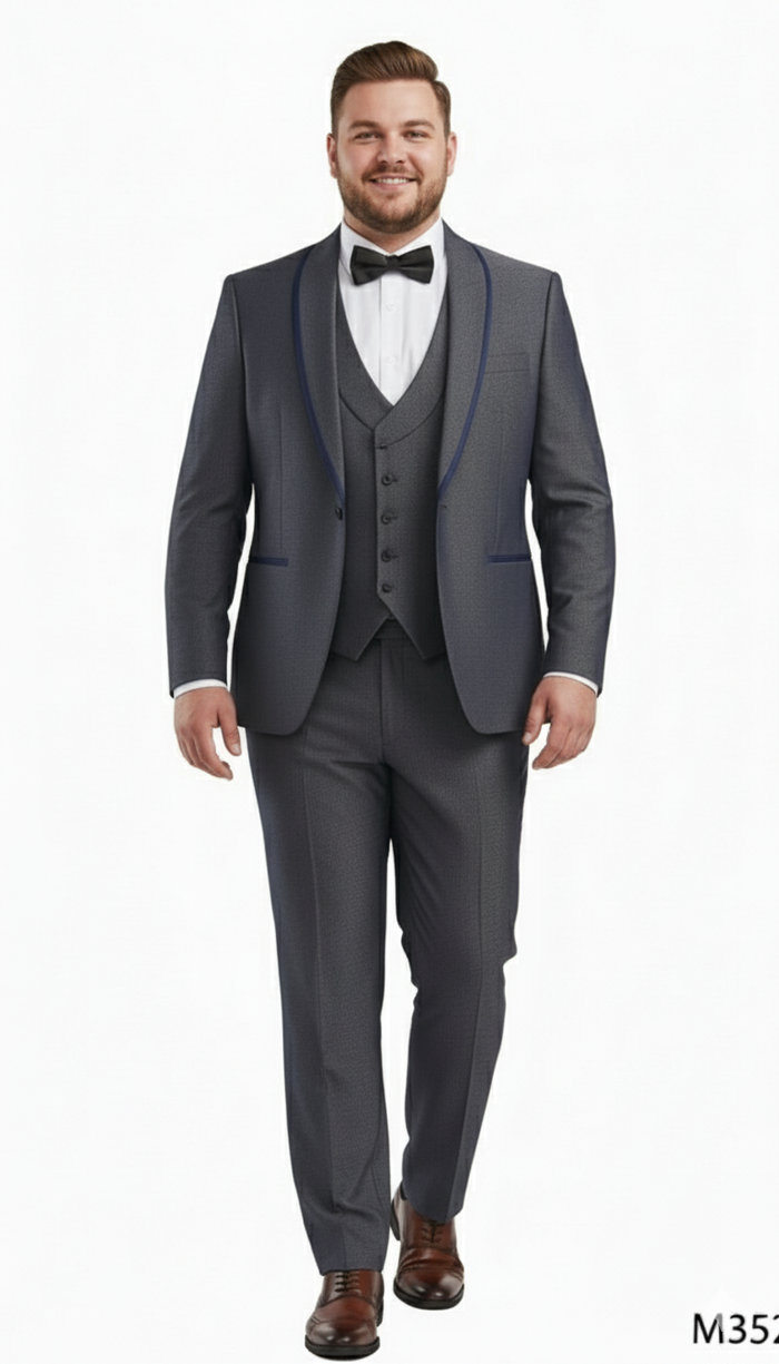 Men’s Charcoal Gray with blue Trim Slim Fit 3-Piece Suit - Modern Wedding and Business Formal Tuxedo Set by USA Men's Outlet
