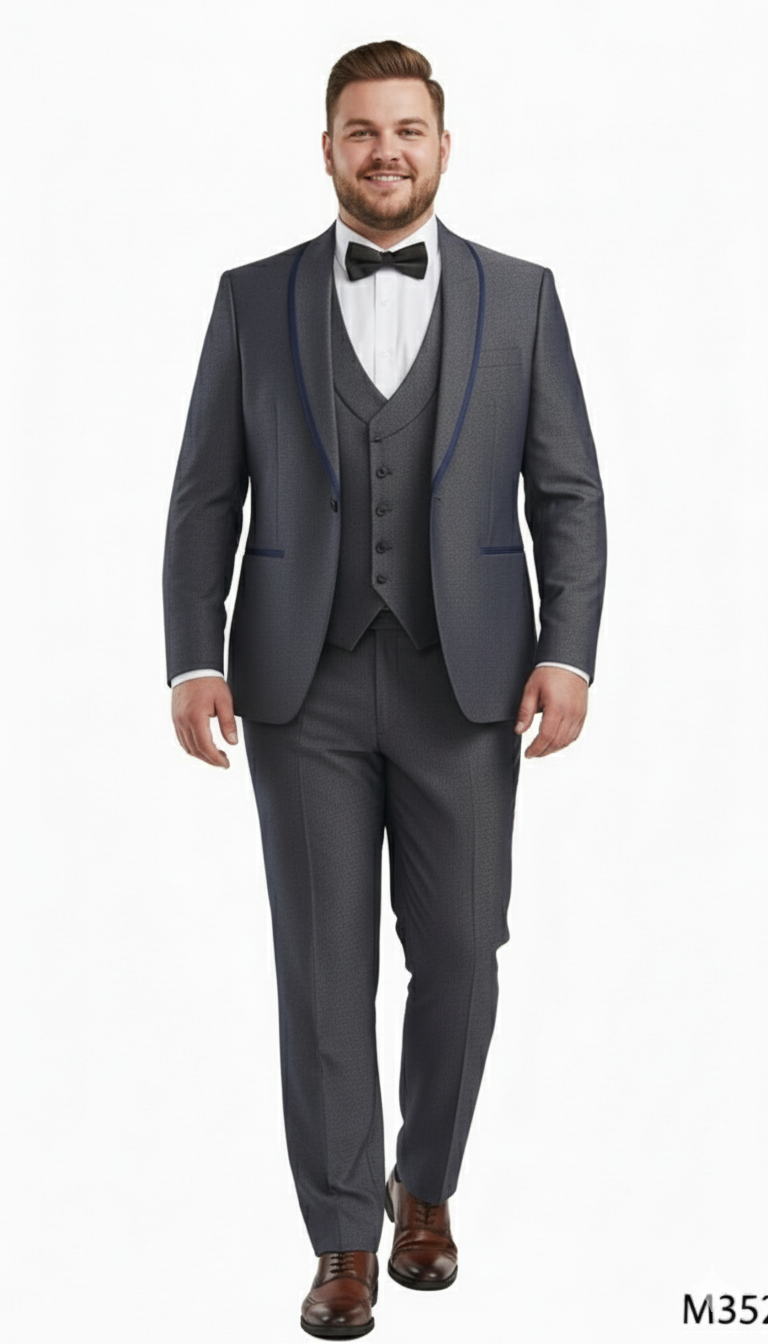 Men’s Charcoal Gray with blue Trim Slim Fit 3-Piece Suit – Modern Wedding and Business Formal Tuxedo Set – SuitUSA