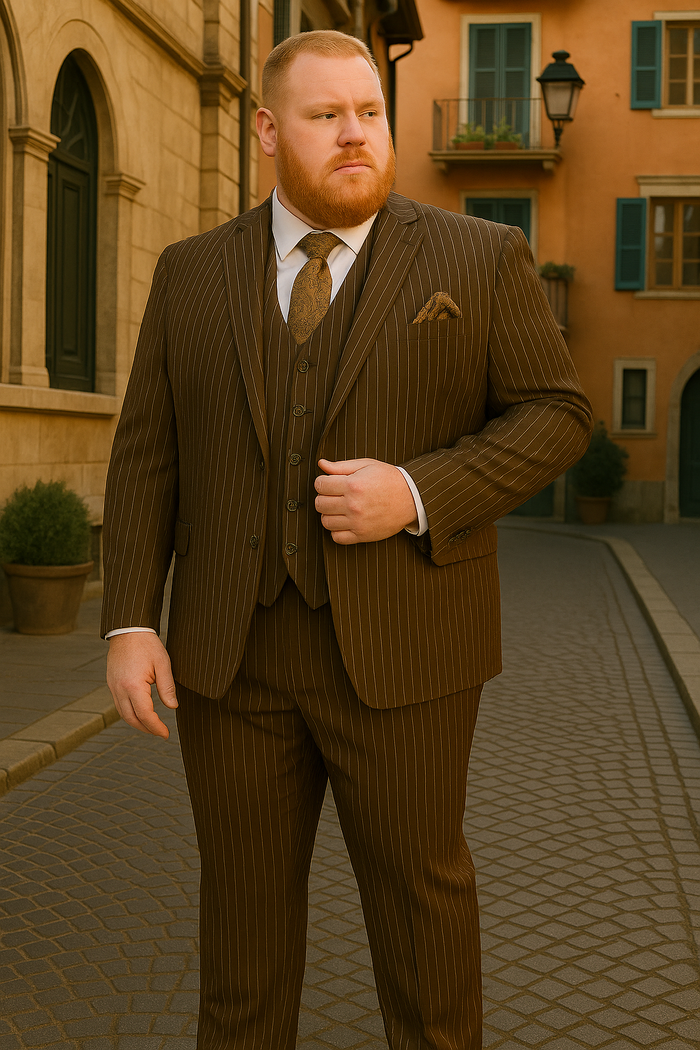 Men’s Brown Pinstripe 3-Piece Suit - Classic Fit Business Suit with Vest & Notch Lapel Blazer by Menssuitsatlantain
