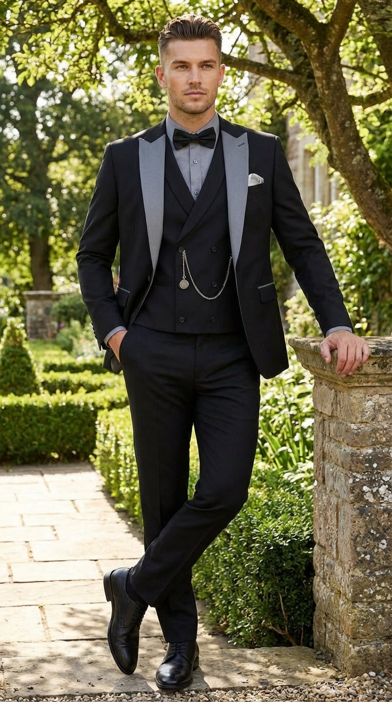 Men’s Black And White Lapel 3 Piece Tuxedo Suit with Silver Gray Satin Lapel | Formal Wedding Prom Suit Set