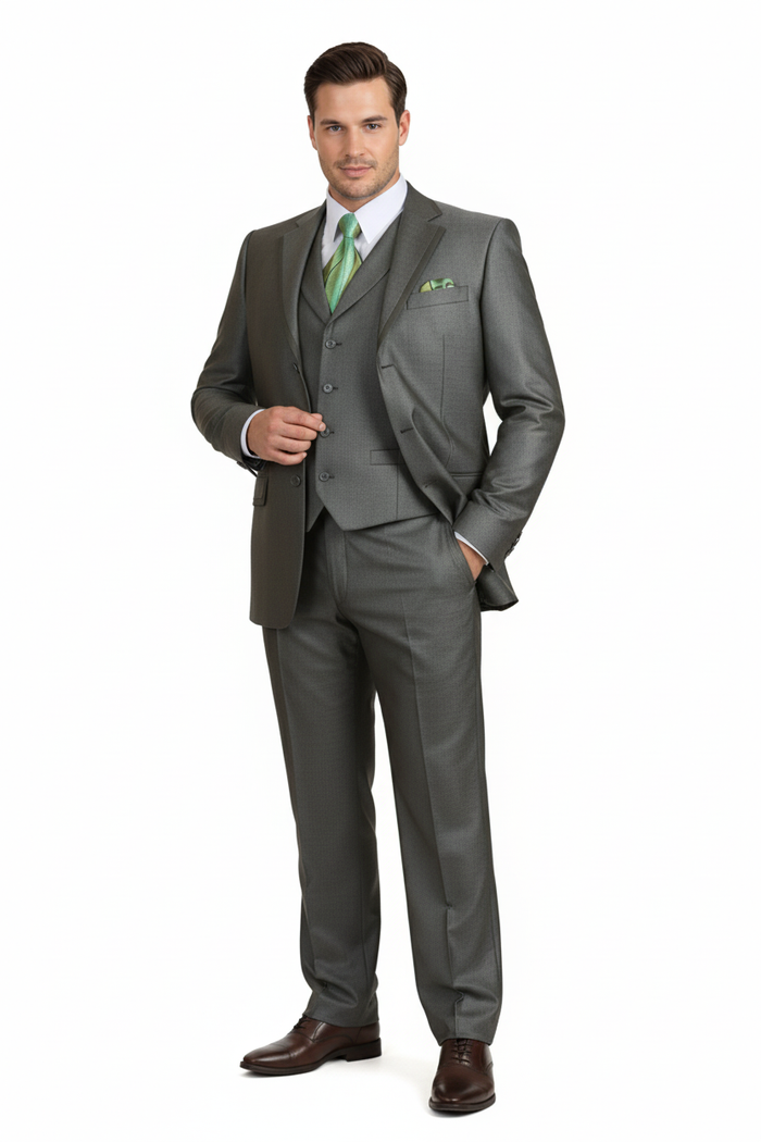 Men’s Olive Green 3-Piece Suit - Classic Fit with Vest and Tie Pleated Pants Three Buttons by Usamensoutlet