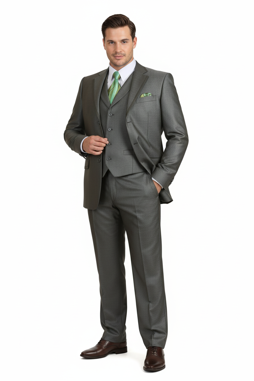 Men’s Olive Green 3-Piece Suit - Classic Fit with Vest and Tie Pleated Pants Three Buttons by Usamensoutlet