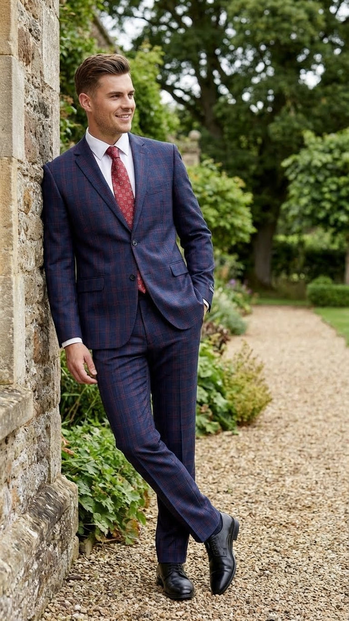 Men’s Navy Blue and Burgundy Checkered Two-Piece Suit Plaid Windowpane - Flat Front Pants or Pleated Wide Leg Pants - 100% Wool USA Men's Outlet