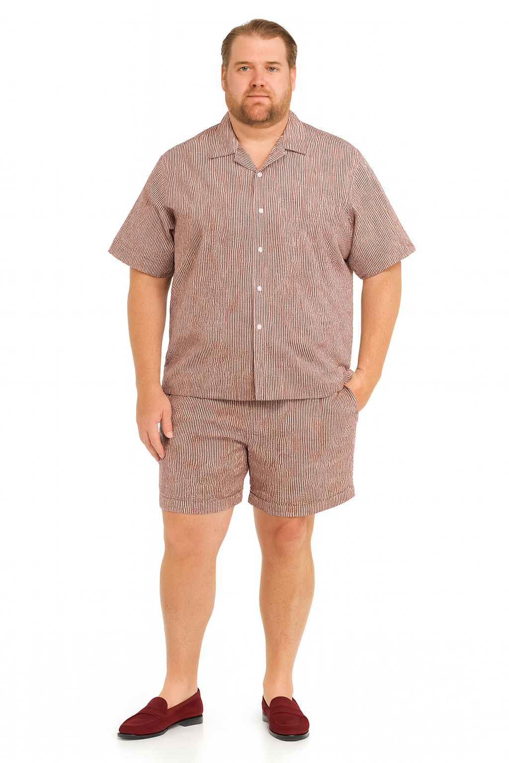 Men’s Burgundy Reddish Seersucker Short Set Walking Suit - Two-Piece Cuffed Shorts with Expandable Waist by USA Men's Outlet