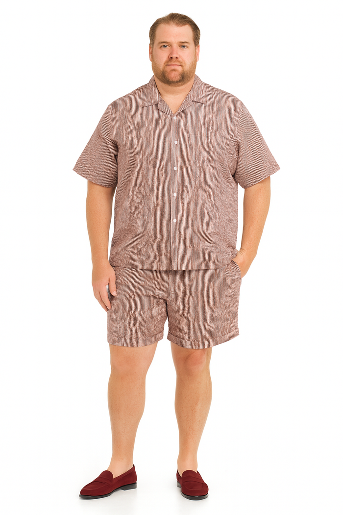 Men’s Burgundy Reddish Seersucker Short Set Walking Suit - Two-Piece Cuffed Shorts with Expandable Waist by USA Men's Outlet