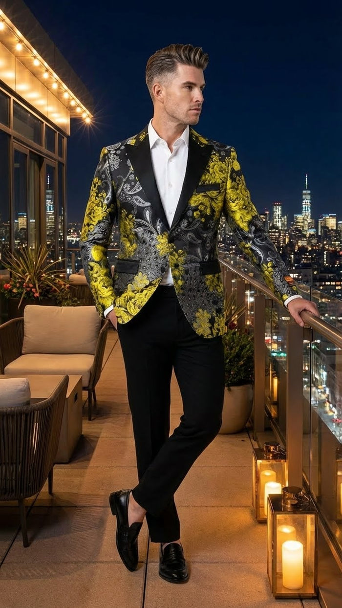 Men’s Yellow Tuxedo Black and Gold Floral Pattern Blazer - Formal Jacket - Prom Dinner Jacket + Black Pants + Bowtie by USA Men's Outlet