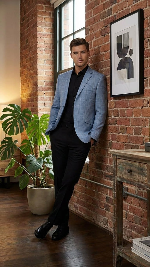 Men’s Big and Tall Light Blue Checkered Blazer and Sport Coat – Sky powder blue windowpane plaid pattern Jacket