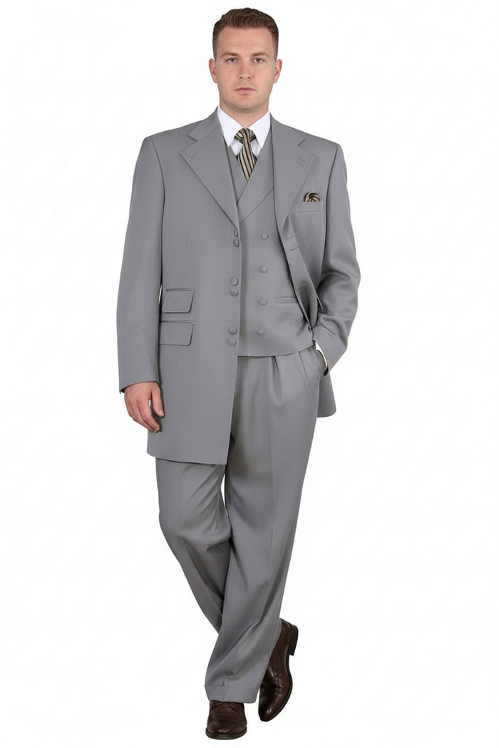 Mens Zoot Suit - Light Gray 3-Piece Suit with Vest - Classic Business and Wedding Formal Wear - 1920s Fashion by USA Men's Outlet