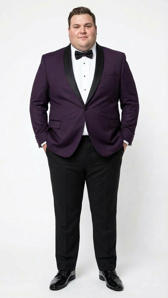 Men’s Eggplant Plum Purple Tuxedo Blazer with Satin Lapel, White Tuxedo Shirt and Matching Purple Bow Tie - Slim Fitted - Prom wedding Suit With Pants USA Men's Outlet
