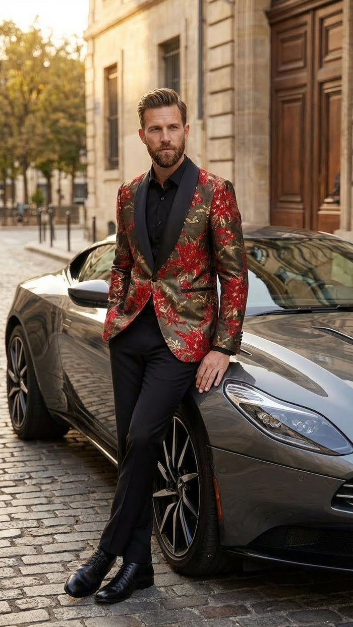 Men’s Red and Gold Floral Pattern Paisley Shawl Lapel - Luxury Evening and Party Wear Jacket Prom Christmas New Year Blazer by USA Men's Outlet