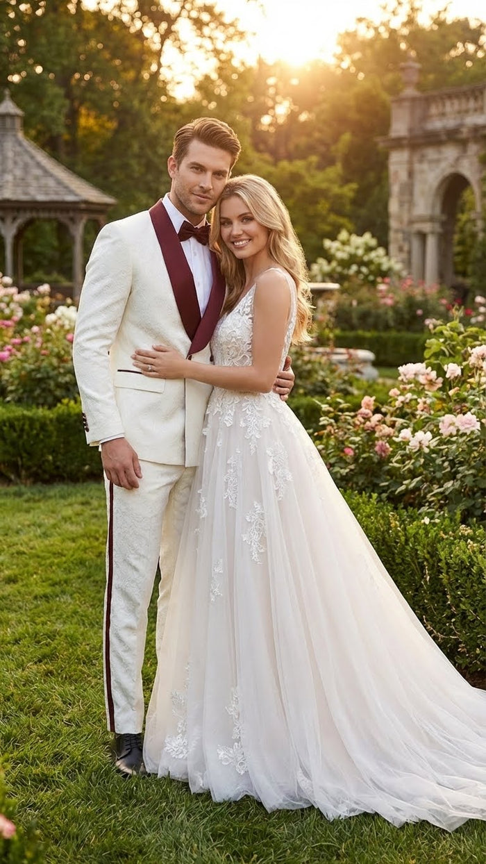 Men’s Ivory and Burgundy Jacquard Tuxedo Suit - Luxury Slim Fit 3-Piece Formal Wedding, Prom, and Gala Outfit in Cream Off White Color USA Men's Outlet