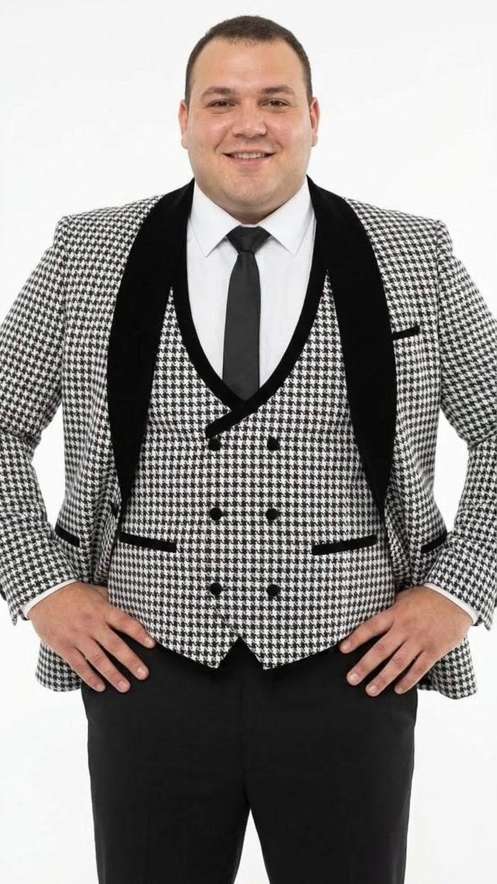 Men’s Black and White Houndstooth Tuxedo Set with Velvet Shawl Lapel - 3-Piece Formal Suit with Double-Breasted Vest by USA Men's Outlet