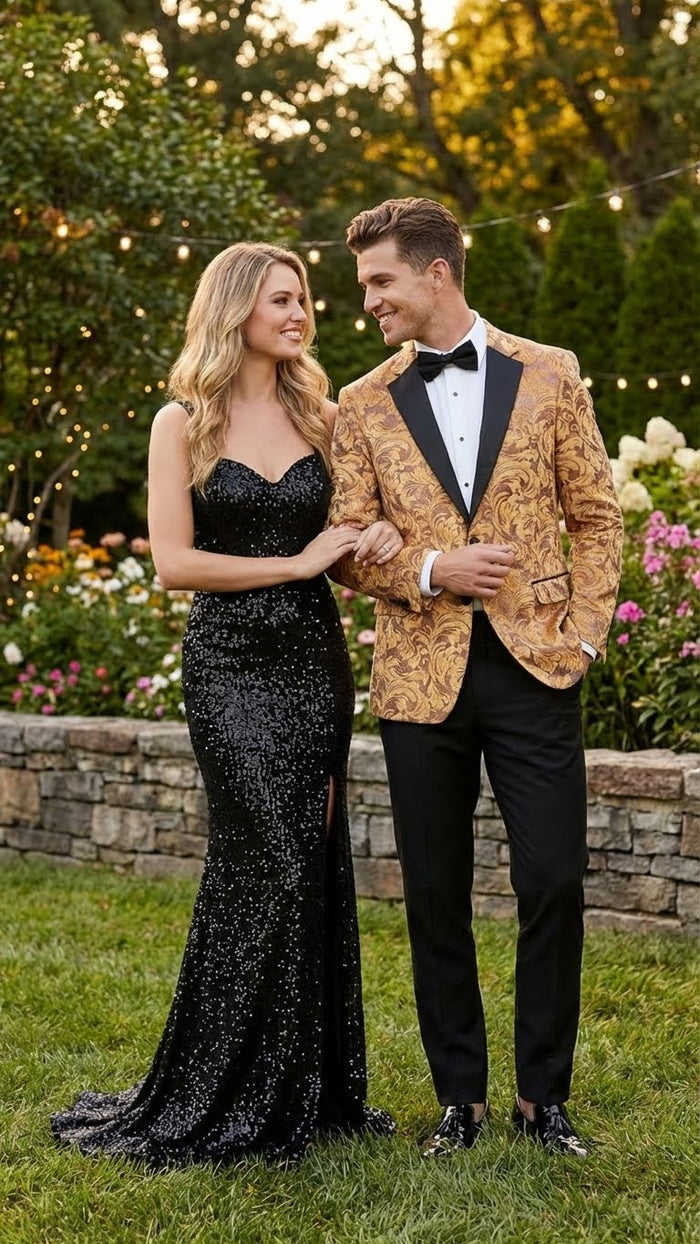 Men’s Yellow Gold Baroque Pattern Tuxedo Blazer Suit - Party and Wedding Jacket Prom Paisley Black Pants USA Men's Outlet