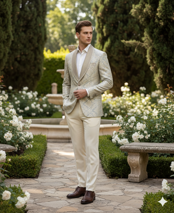 Men’s Champaign Silver and Cream Embroidered Luxury Blazer - Floral Pattern Wedding & Party Dinner Jacket in Light Tan Color by USA Men's Outlet