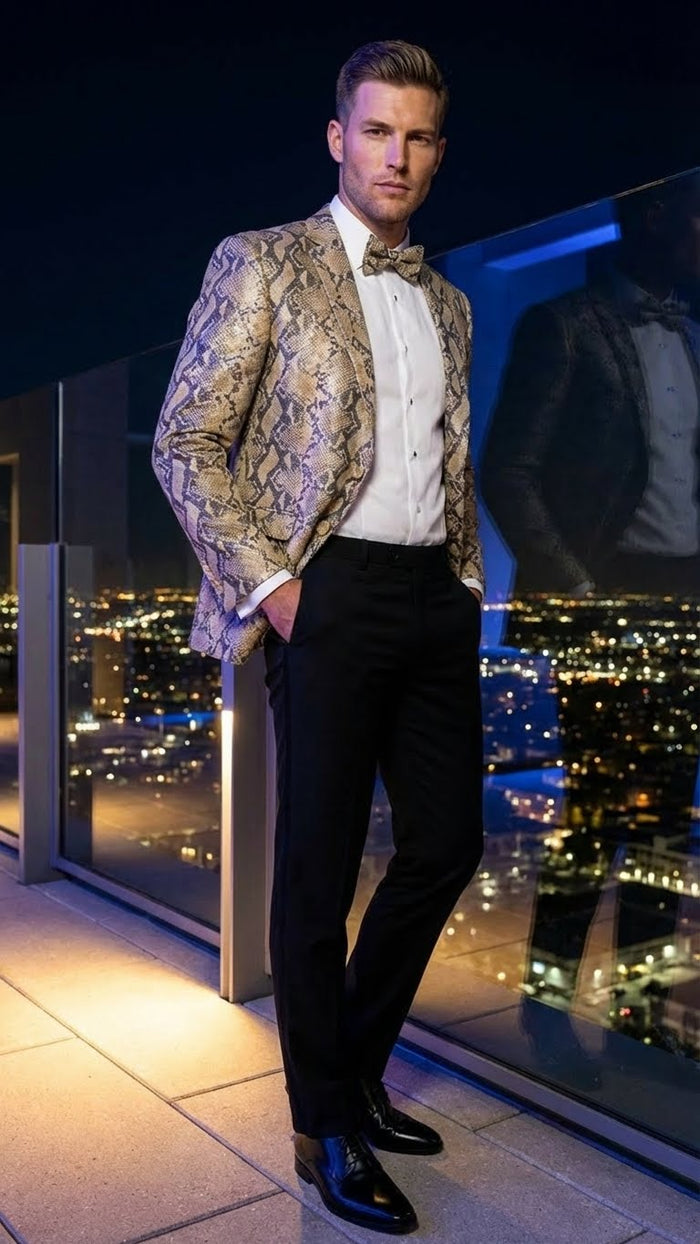Men’s Beige and Black Snakeskin Print Blazer - Alligator Crocodile Exotic Sking Sport Coat Jacket in Tan Camel Color USA Men's Outlet