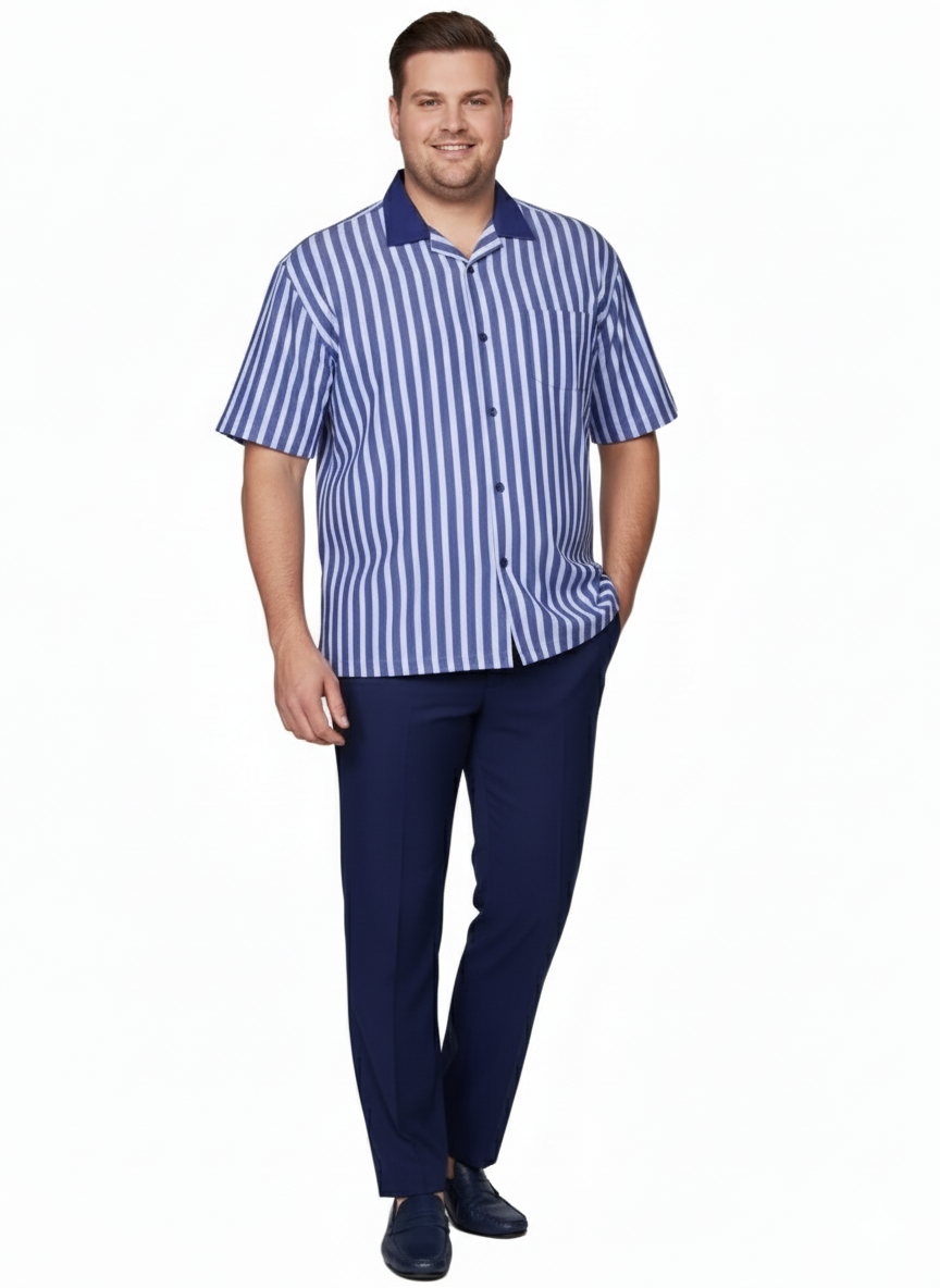 Men’s Blue and White Vertical Stripe Short Sleeve Shirt Set – Casual Summer Two-Piece Outfit
