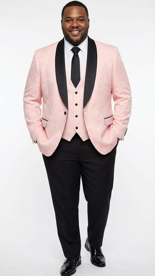 Men’s Blush Pink Tuxedo Suit Set with Black Shawl Lapel – 3 Piece Formal Wedding and Party Prom Vest + Black Pants