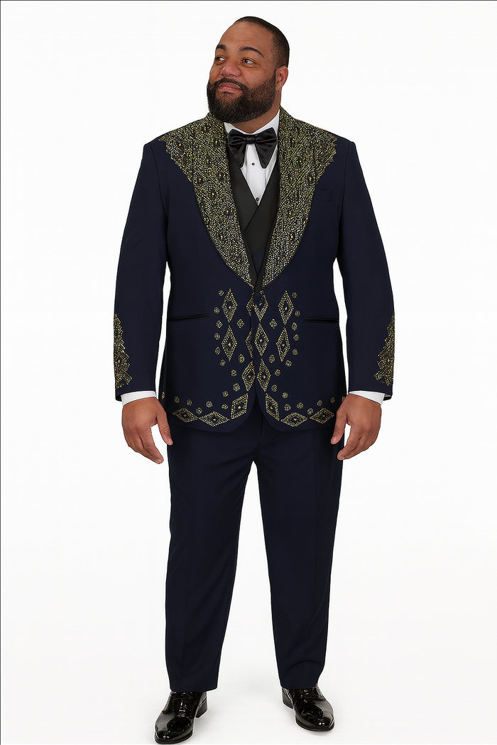 Men’s Navy Tuxedo with Gold Embroidery - Slim Fit Formal Dinner Jacket with Shawl Lapel by USA Men's Outlet