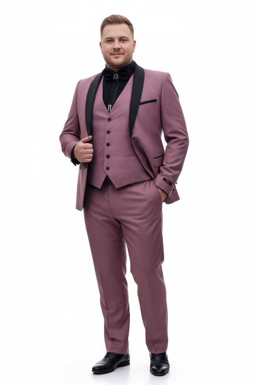 Men's Rose Pink Tuxedo Suit – Luxury Three-Piece Formal Wear with Black Satin Lapel Dusty Mauve Color