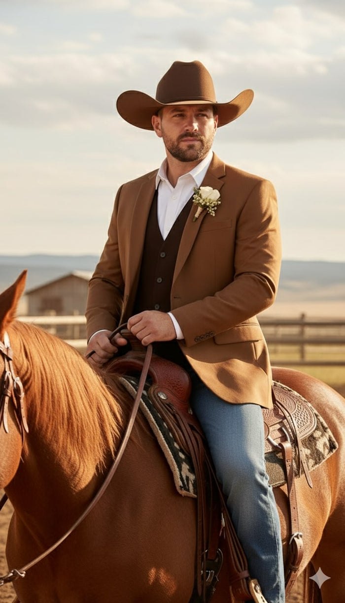 Saco Vaquero Mens Rust Copper Brown Western Blazer – Cowboy Style Classic Tailored Jacket for Weddings, Rodeos and Country Events