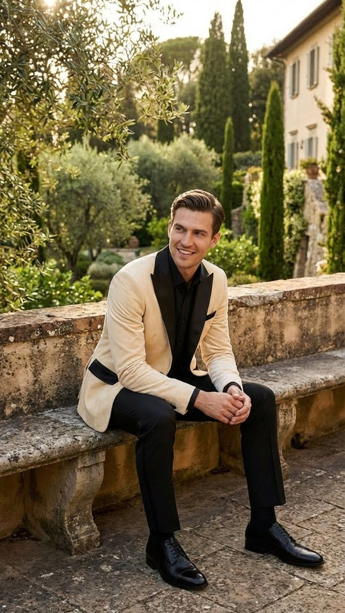 Men’s Ivory Dinner Jacket - Cream Velvet Blazer with Black Satin Lapel | Wedding and Party Formal Sport Coat in off white