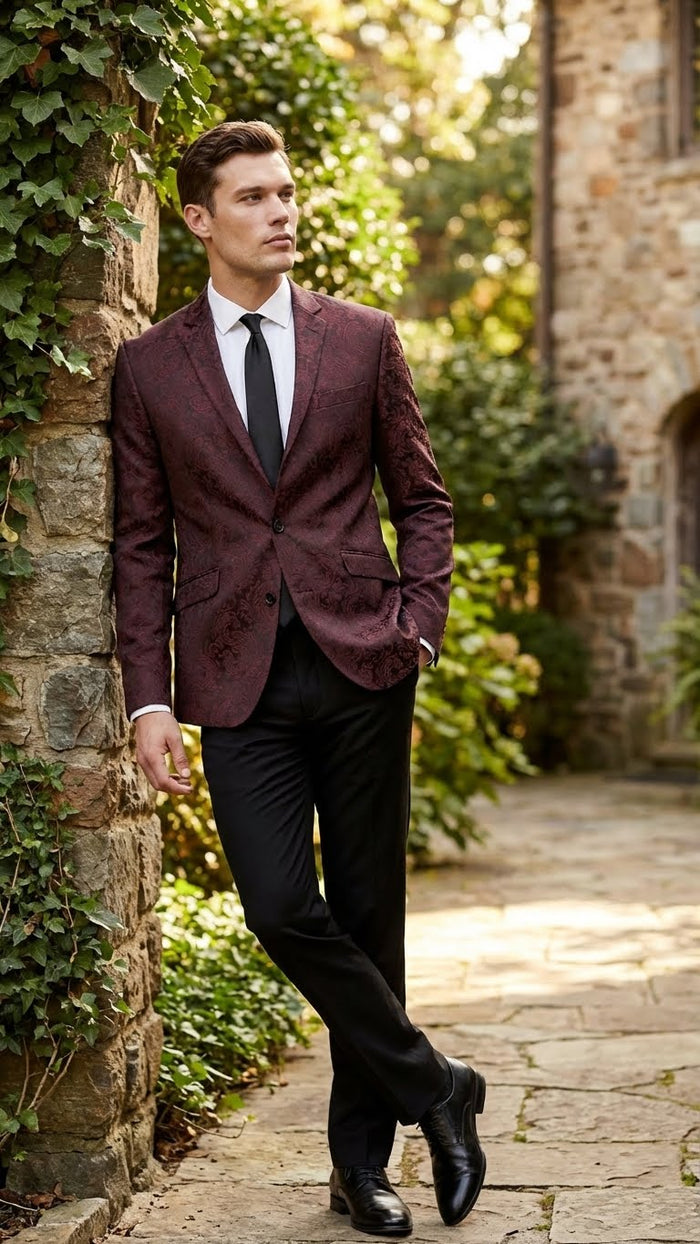 Men’s Burgundy Paisley Blazer Sport Coat - Velvet Dinner Jacket floral in Maroon Wine Color Ultra Slim Fit Smoking Jacket by USA Men's Outlet
