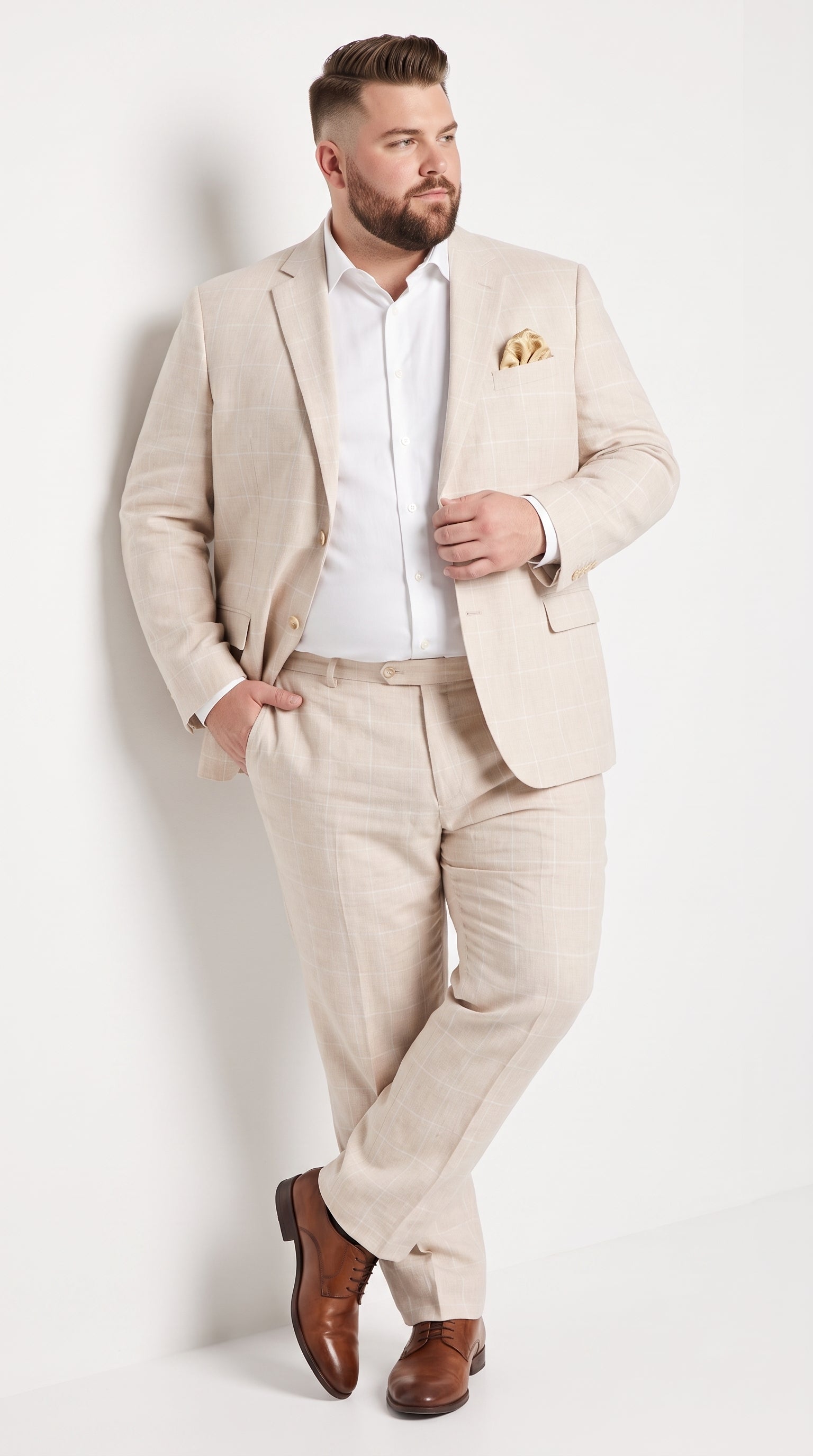 Men’s Big and Tall Beige Linen Suit – Summer Wedding and Formal 2-Piece Suit