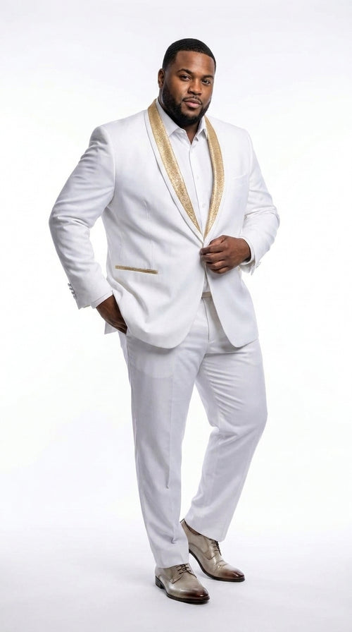 Men’s White and Gold Lapel 2-Piece Tuxedo Suit with Gold Glitter Shawl Lapel – Wedding, Prom and Dinner Jacket