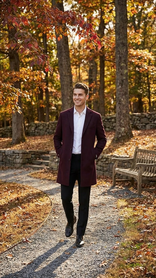 Men’s Burgundy Mid-Length Overcoat – Classic Fit Wool Blend Dress Coat Three Quarter Carcoat Topcoat