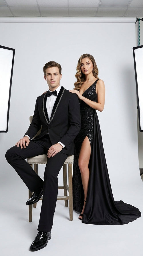 Men’s 1970s Style Black Boot Cut Tuxedo Suit – Shawl Lapel Wedding, Prom and Formal 2-Piece Suit
