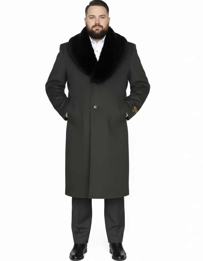 Mens Full Length Olive Overcoat with Black Fur Collar - Luxury Wool Fabric Winter Long Coat in Hunter Green by USA Men's Outlet