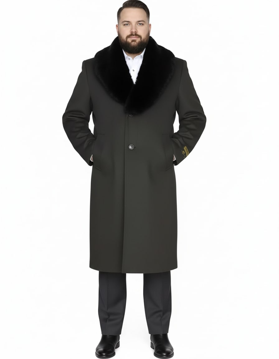 Mens Full Length Olive Overcoat with Black Fur Collar - Luxury Wool Fabric Winter Long Coat in Hunter Green by USA Men's Outlet