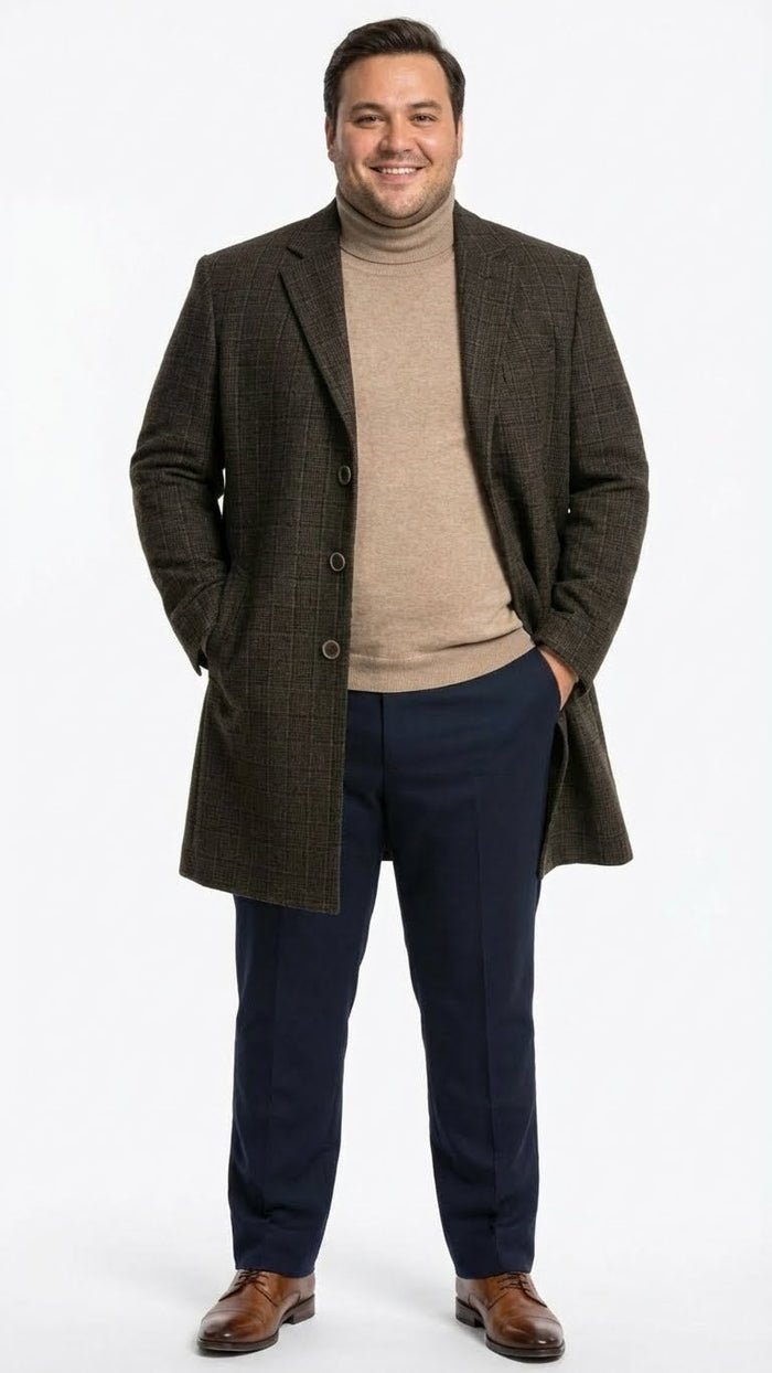 Men’s Brown Checkered Wool Overcoat - Long Winter Coat with Classic Plaid Pattern By Statement USA Men's Outlet