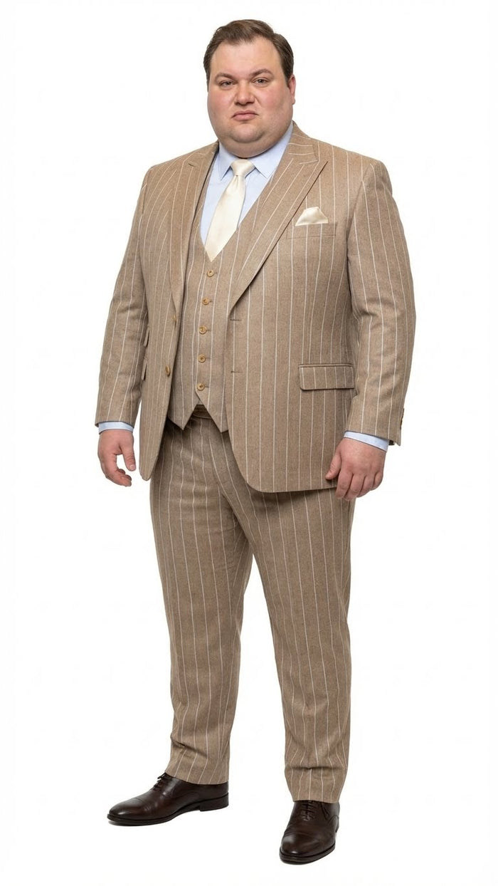Men's Beige Pinstripe Three-Piece Vested Suit - Tailored Fit Business Attire in Tan Stripe by Rossiman USA Men's Outlet