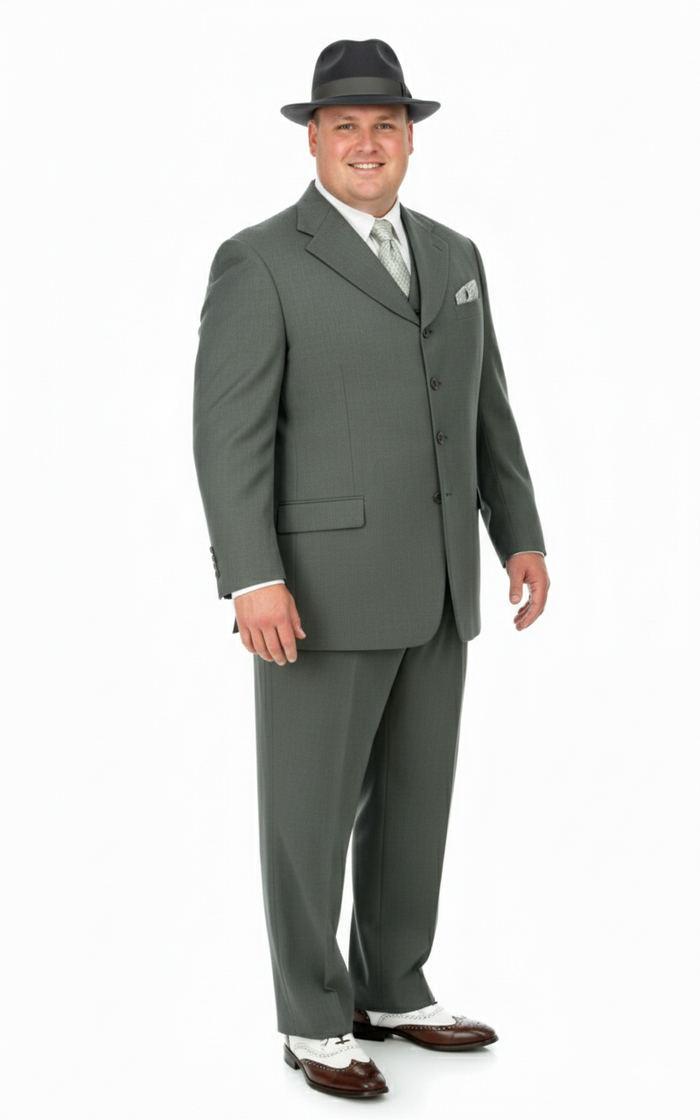 Men’s 1920s Gray Zoot Suit - 4 Buttons Gangster Wide Lapel Long Jacket 3-Piece Suit in Grey Color Classic Fit Pleated Pants USA Men's Outlet