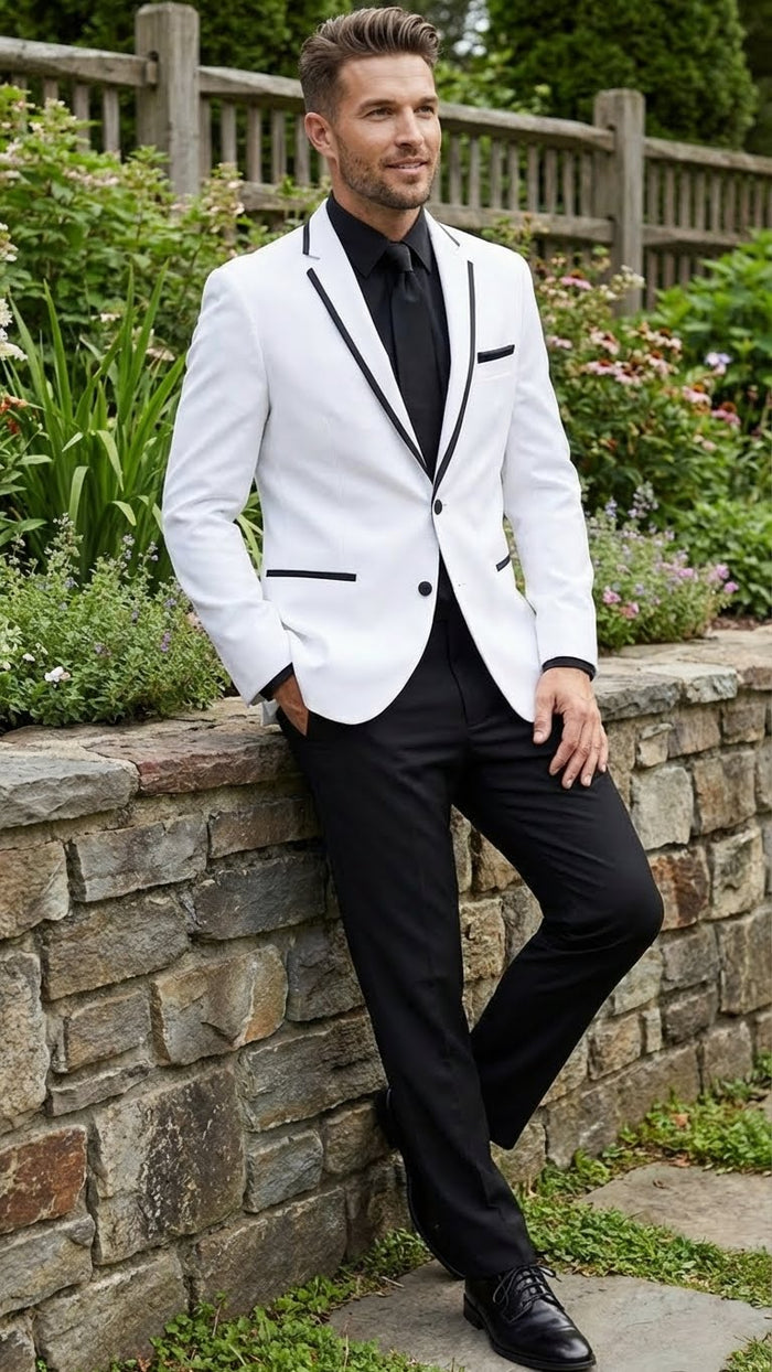 Men’s White Blazer with Black Trim - Wedding and Party Formal Blazer Jacket - White Tuxedo Prom Jacket by USA Men's Outlet