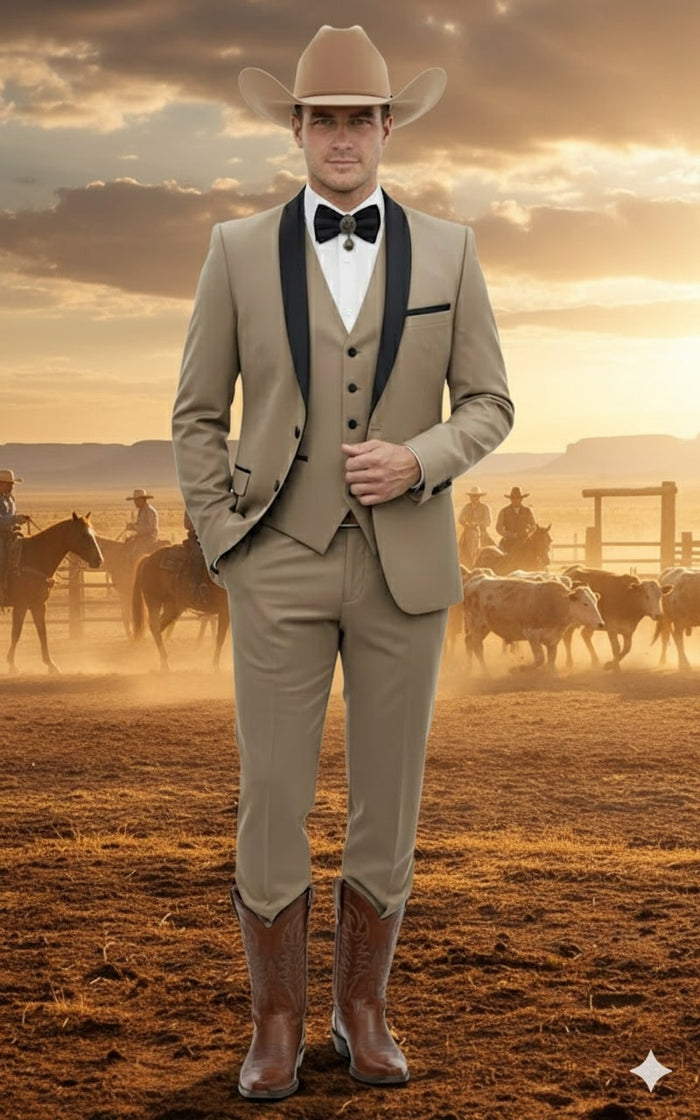 Mens Western Cowboy Suit – 3-Piece Tan Tuxedo with Black Lapel, Vest, and Pants Beige Color