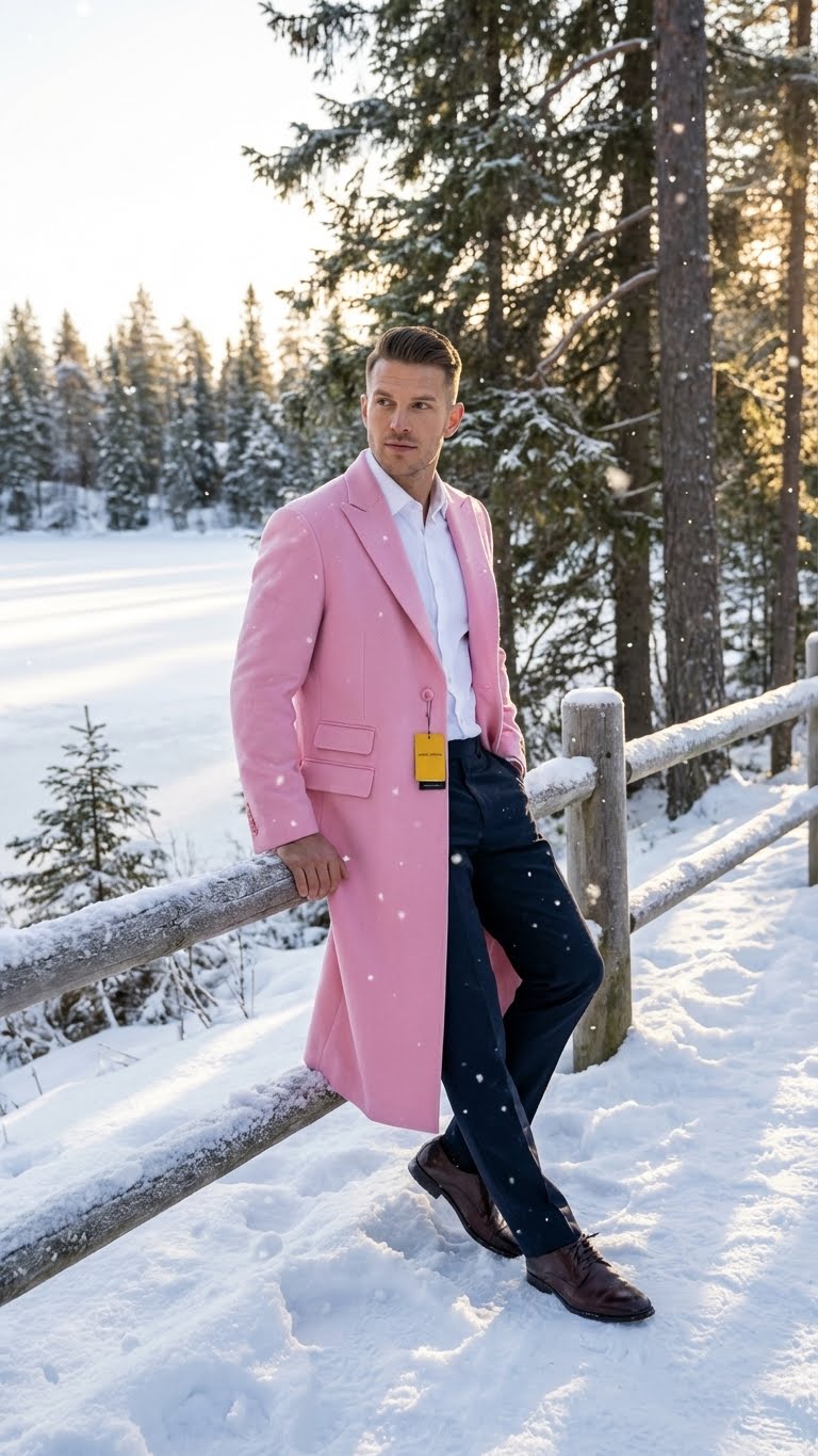 Men’s Pink Wool Blend Long Overcoat – Slim Fit Tailored Winter Coat - Carcoat - Topcoat