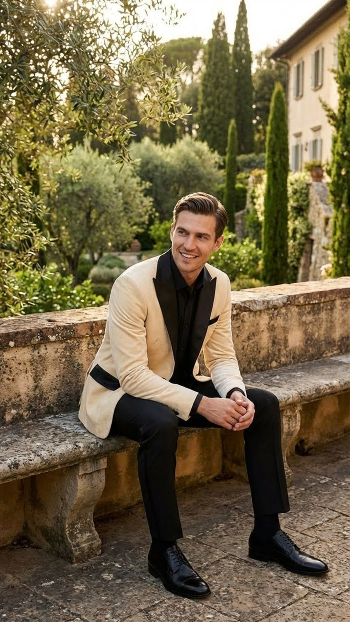 Men’s Ivory Dinner Jacket - Cream Velvet Blazer with Black Satin Lapel - Wedding and Party Formal Sport Coat in off white USA Men's Outlet