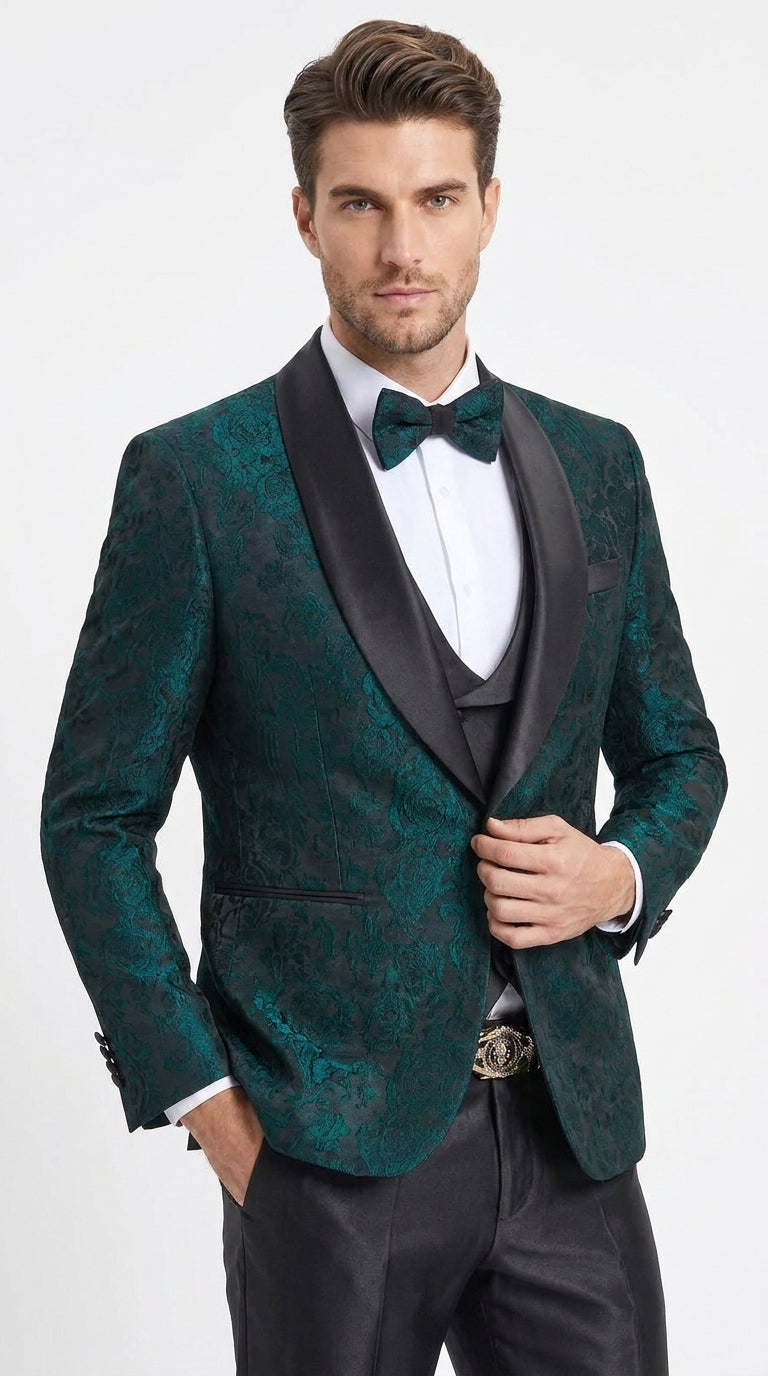 Tazzio Men’s Hunter Green & Black Paisley Tuxedo – Skinny Fit Shawl Collar 3-Piece Prom and Wedding Suit