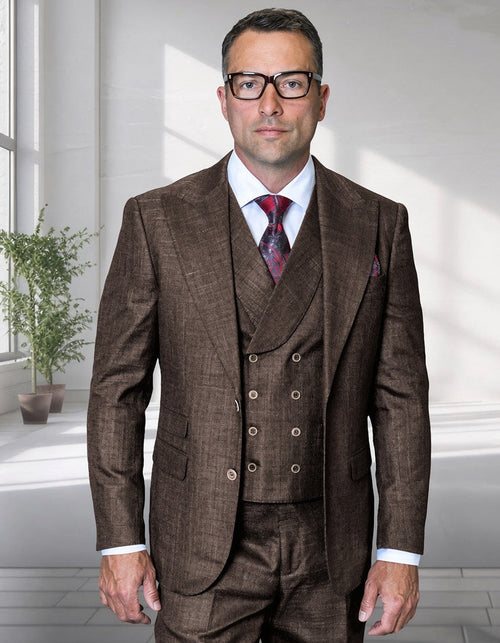 Mens Ticket Pocket Peak Lapel Double breasted Vest 100% Wool Tom Ford Style Modern Fit in Color "Brown" By Statement