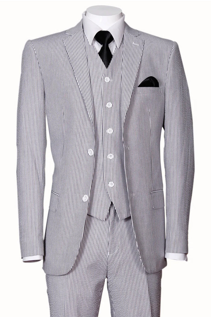 Mens 2 Button Vested Summer Seersucker Suit in Black by Fortino Landiin