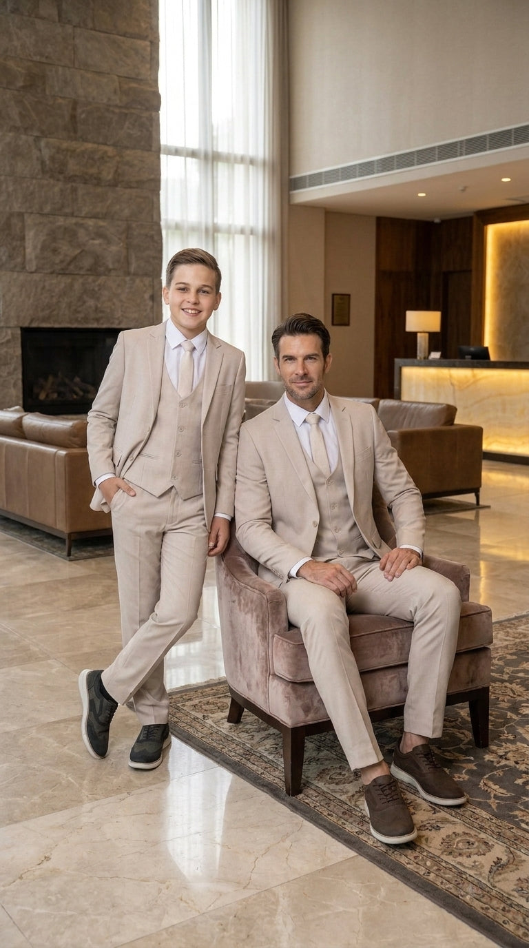 Dad & Son Matching Beige 3-Piece Suits – Father and Son Wedding Formal Suits in Tan Color