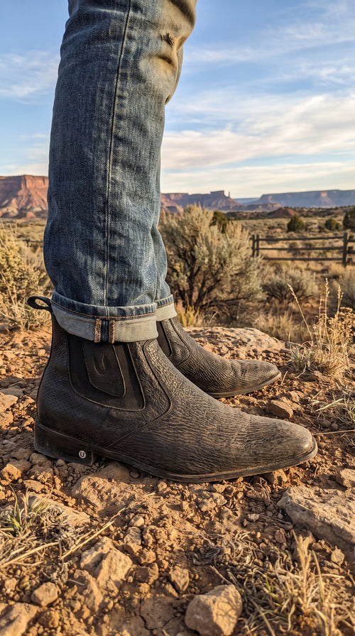 Men’s Shark Skin Cowboy Boots – Black Exotic Leather Western Chelsea Ankle Boots by Vestigium