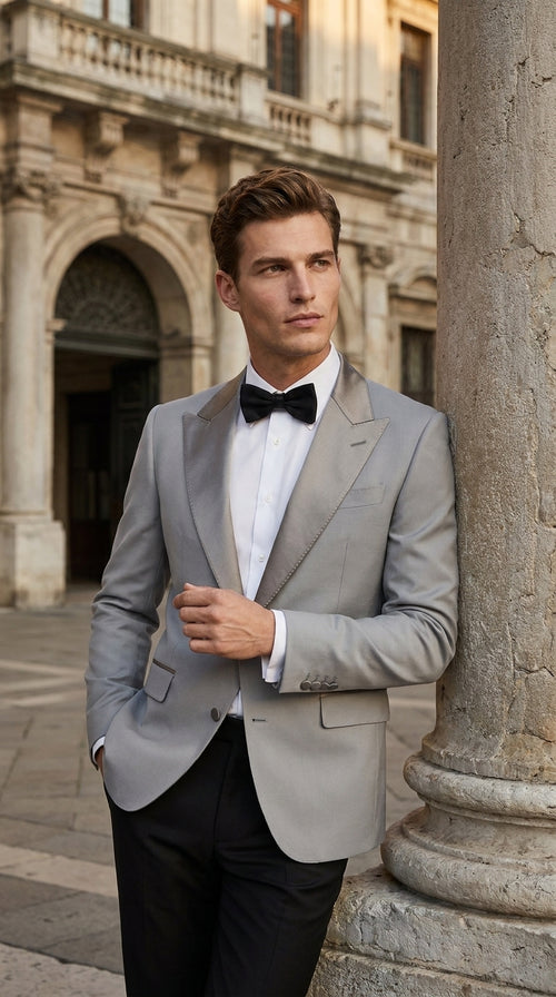 Men’s Silver Dinner Jacket – Satin Peak Lapel Tuxedo Blazer for Weddings, Prom & Formal Events in color silver grey