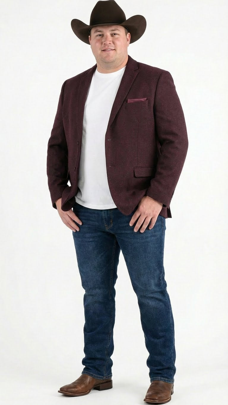 Men’s Burgundy Western  Blazer Jacket, Textured Cowboy Style Sport Coat for  - Tweed Herringbone Maroon Color