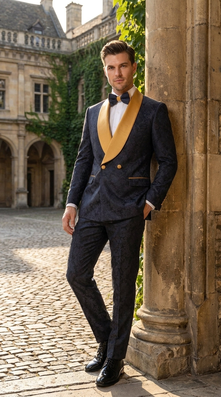 Men’s Black and Gold Hollywood Tuxedo – Double-Breasted Shawl Lapel Prom, Wedding and Formal Suit