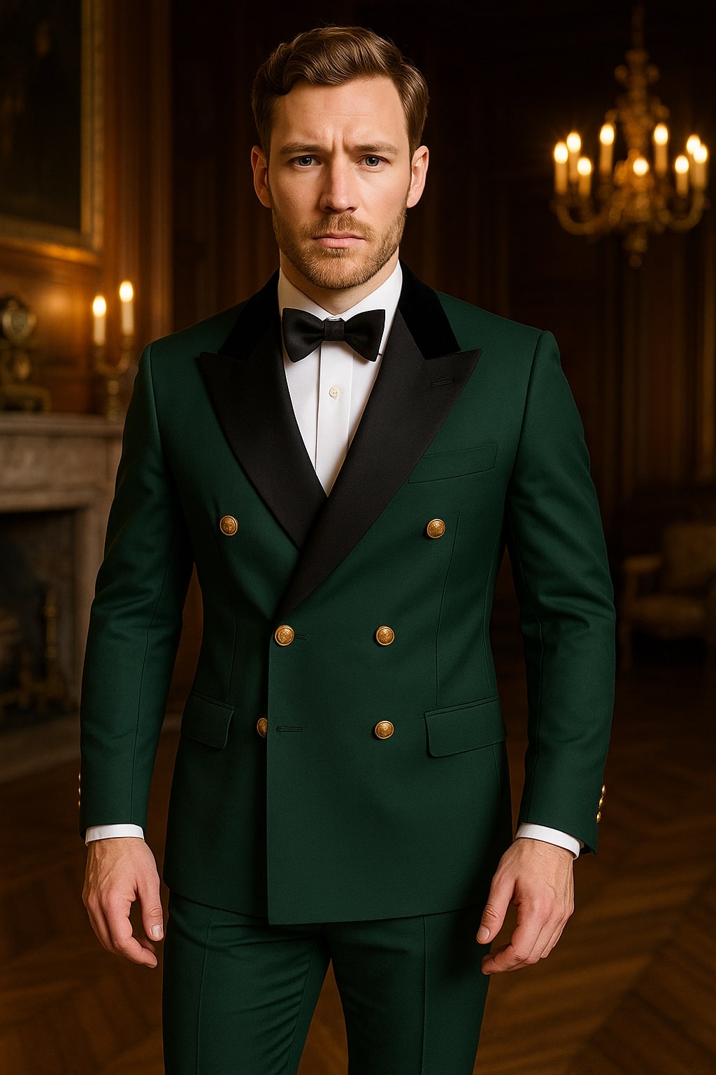 Men's Green Double-Breasted Wedding Tuxedo with Black Velvet Lapel and Gold Buttons