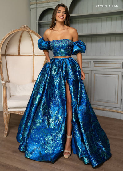 Rachel Allan 70707 Jacquard 2-Piece Puff Sleeve Ball Gown with Slit